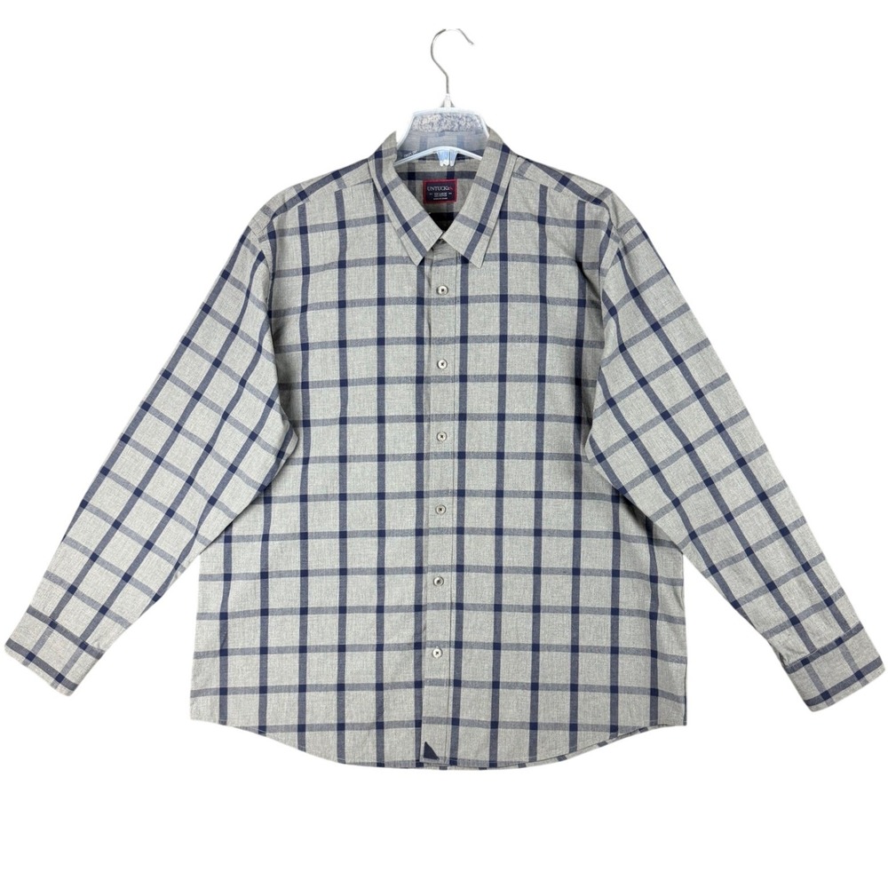 UNTUCKit Mens XXL Grey Navy Blue Windowpane Plaid 100% Cotton Button Down Shirt